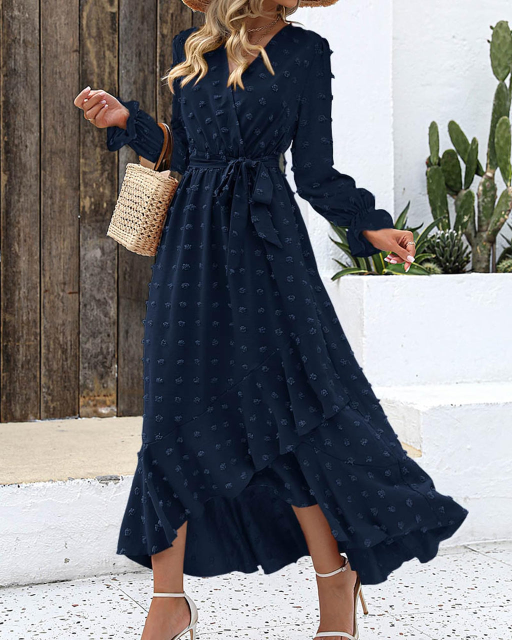 FreshPretty Long Sleeve Maxi Dresses for Women V Neck Swiss Dot Boho Flowy Slit Cocktail Wedding Guest Dress Fall Clothes