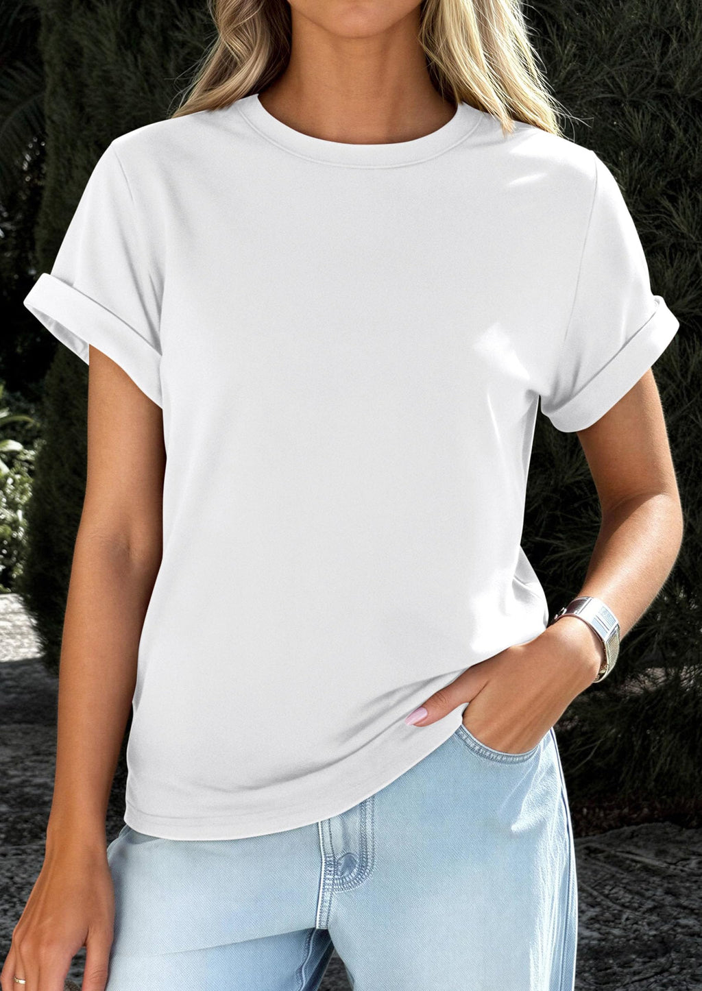 PRETTYGARDEN Womens Summer Tops Spring Casual Rolled Short Sleeve Basic Tees Crew Neck Work Shirts Fashion Clothing