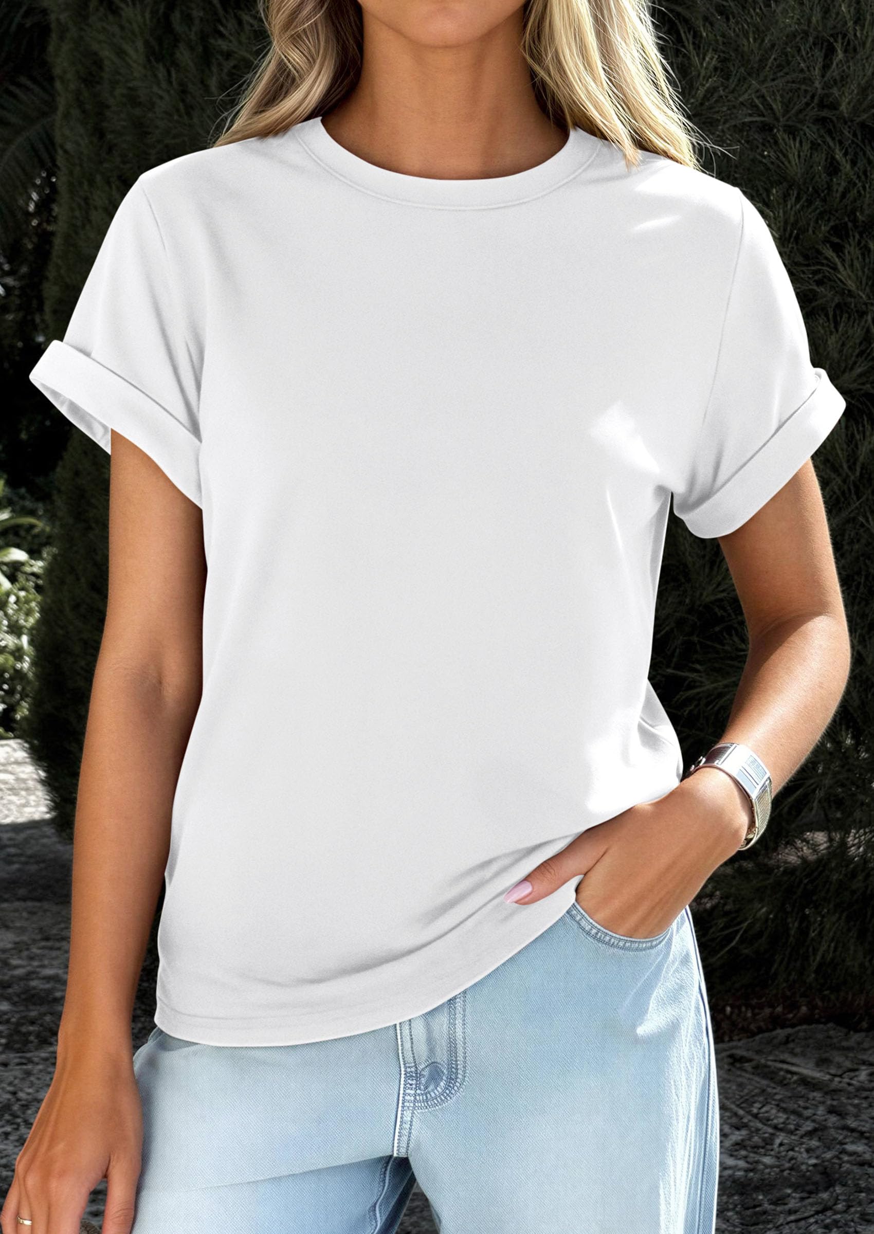 PRETTYGARDEN Womens Summer Tops Spring Casual Rolled Short Sleeve Basic Tees Crew Neck Work Shirts Fashion Clothing