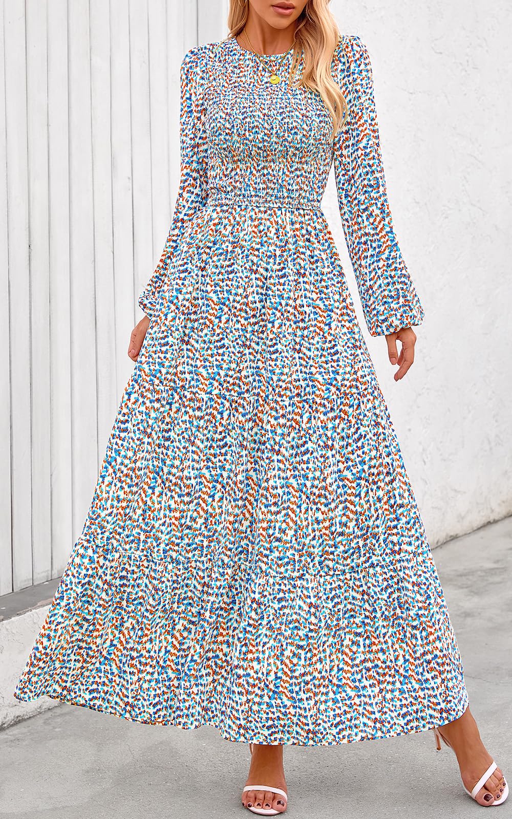 PRETTYGARDEN Women's Fall Dresses Long Sleeve Flowy Casual Floral Maxi Dress Crew Neck Smocked Tiered Long Dress