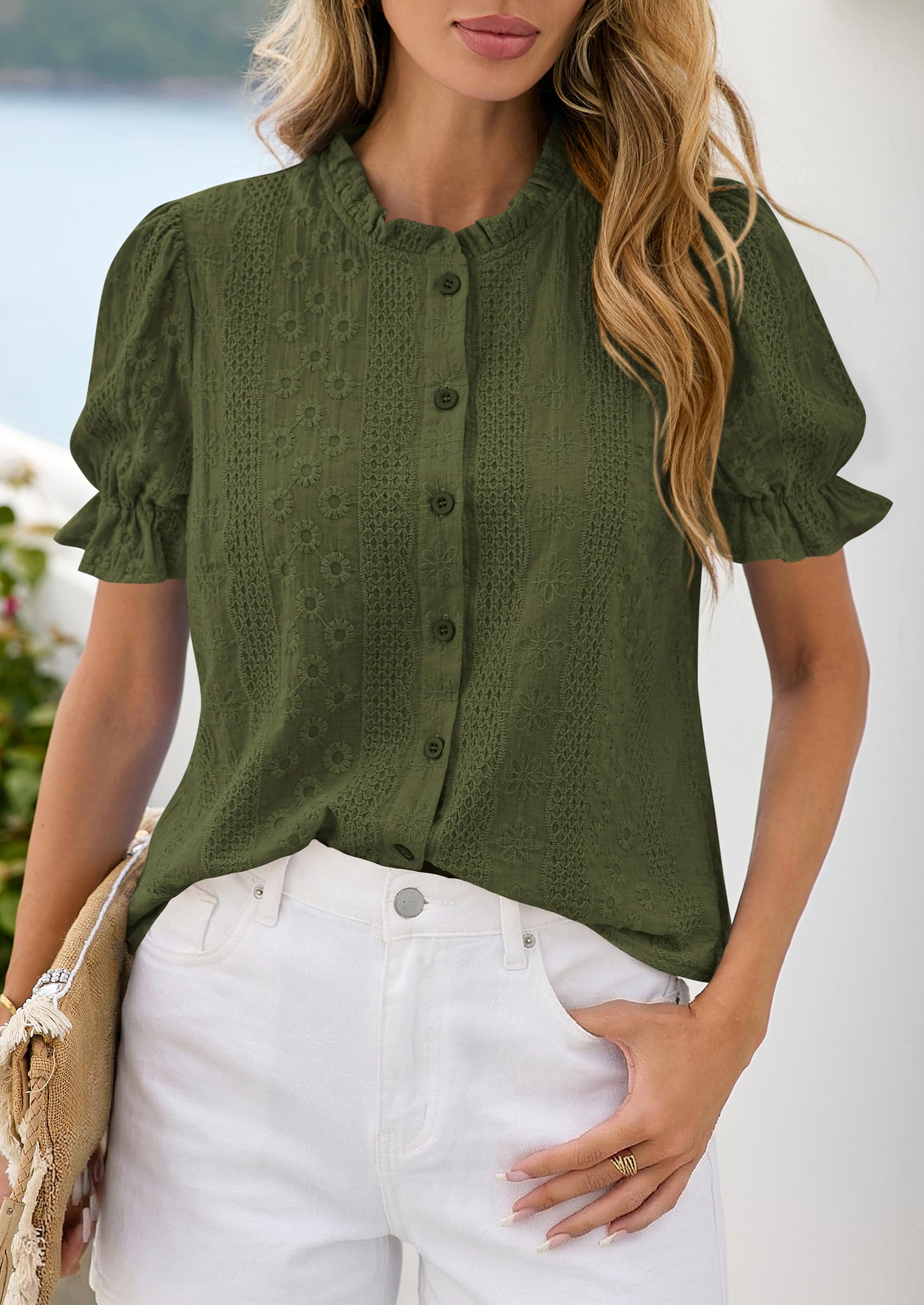 PRETTYGARDEN Womens Puff Short Sleeve Tops  Summer Spring Button Down Boho Embroidered Cute Blouse Dressy Casual Shirts