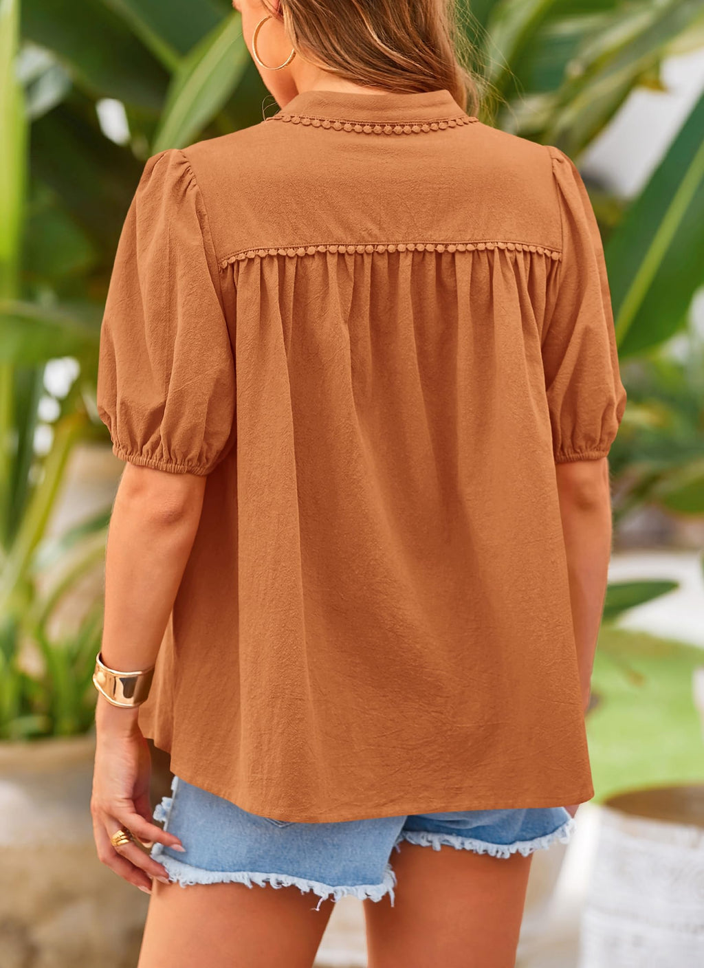 PRETTYGARDEN Women's Summer Button Down Shirts Short Lantern Sleeve V Neck Cotton Cute Dressy Casual Ladies Tops Blouses