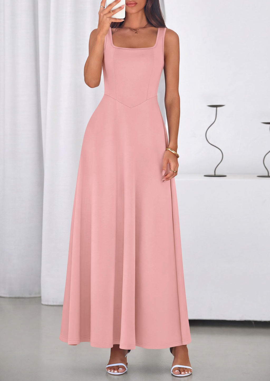 PRETTYGARDEN Womens Summer Dresses Sleeveless Elegant Square Neck Aline Swing Maxi Beach Wedding Guest Dress Pockets