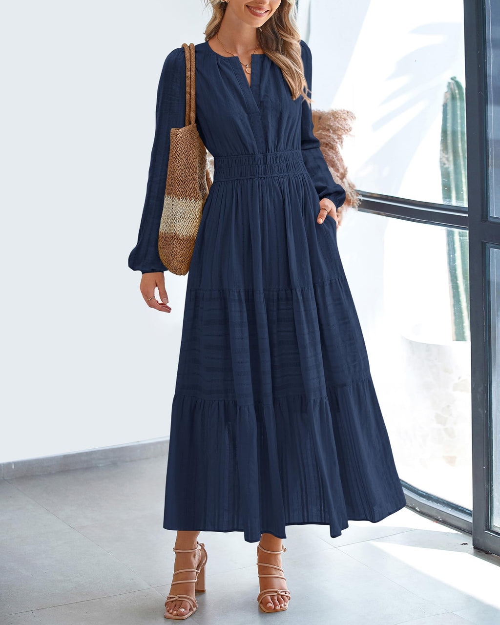 BTFBM Spring Dresses for Women 2026 Casual Long Sleeve V Neck Elastic Waist Lightweight Maxi Wedding Guest Dress Pockets
