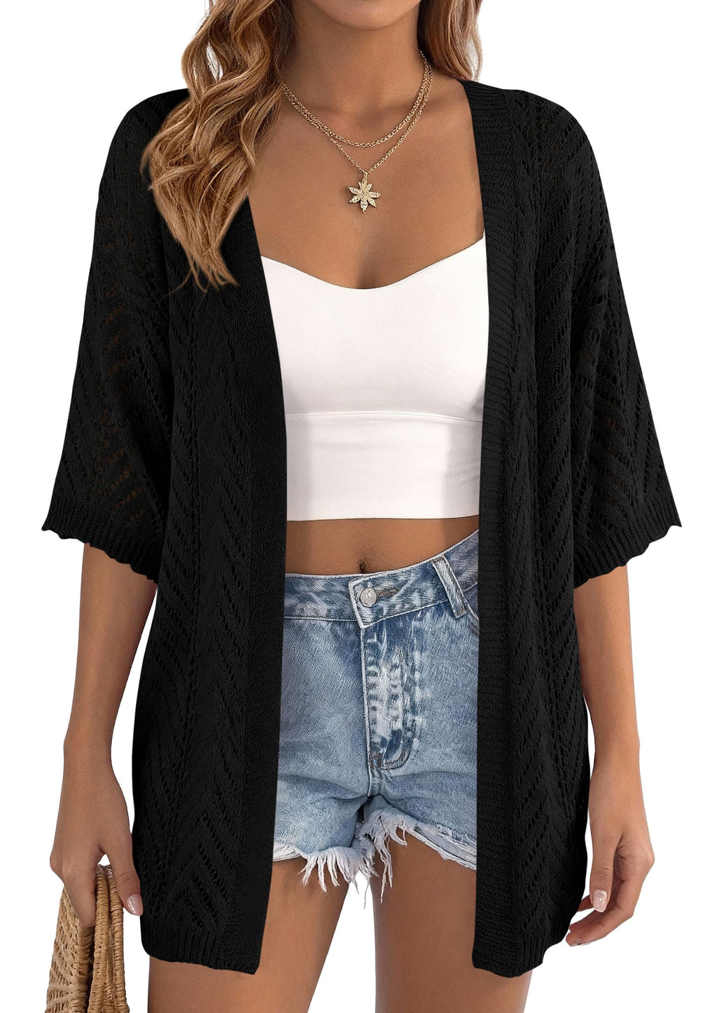 PRETTYGARDEN Women's Lightweight Summer Cardigans Short Sleeve Knit Crochet Coverups Spring Boho Beach Vacation Clothes