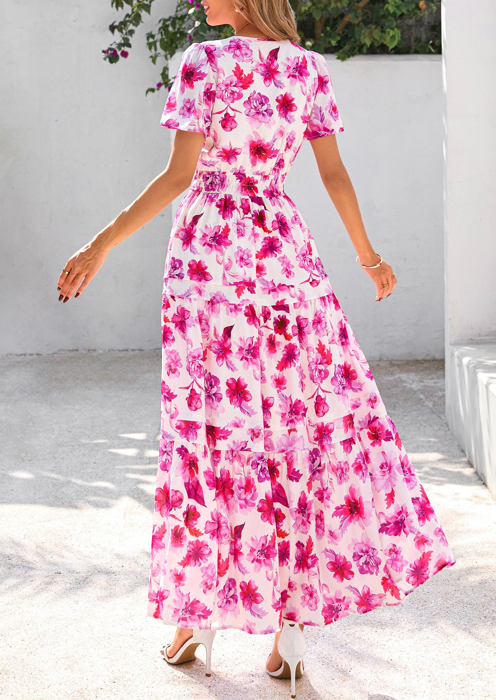 PRETTYGARDEN Summer Maxi Dresses for Women  Casual V Neck Puff Short Sleeve Smocked Flowy Beach Boho Long Floral Dress