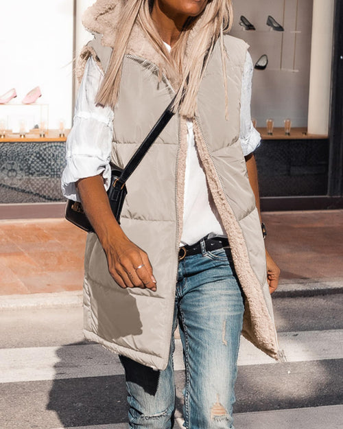 BTFBM Long Puffer Vest Women Fleece Sherpa Jacket Sleeveless Hooded Reversible Zip Up Winter Coat Fall Vests Outerwear