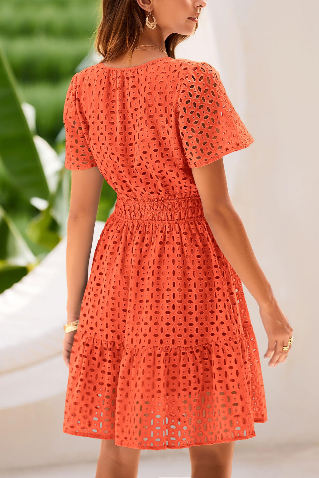 PRETTYGARDEN Womens Summer Short Dress V Neck Short Sleeve A Line Hollow Out Lace Ruffle Cute Casual Beach Party Dresses
