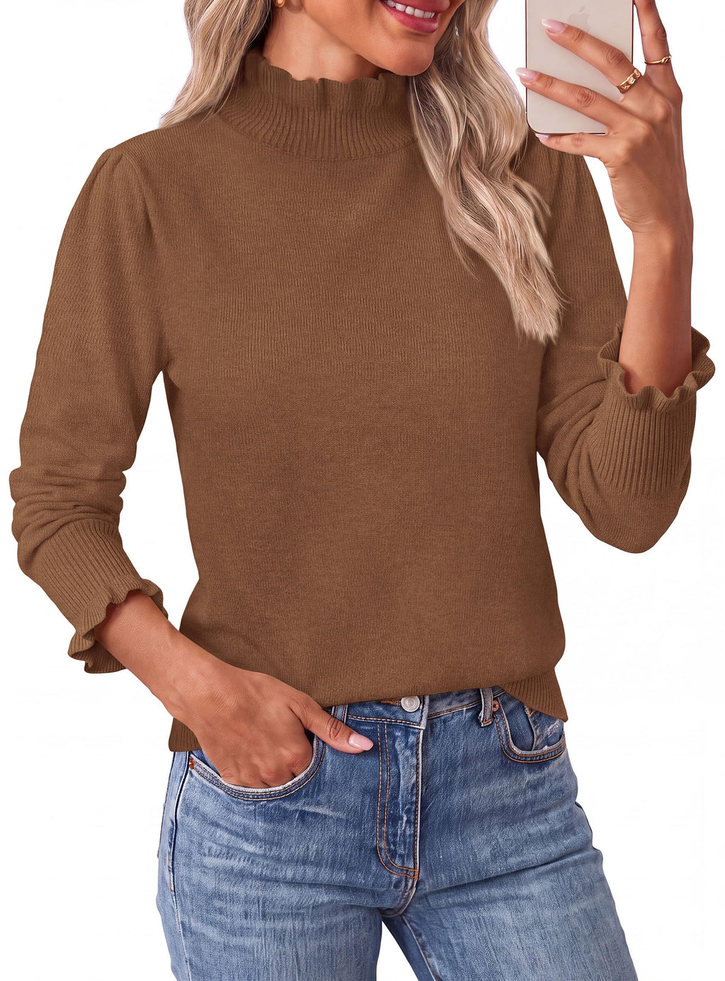 PRETTYGARDEN Women's Fall Cozy Sweaters Trendy Ruffle Mock Neck Pullover Soft Stretchy Warm, Ribbed Knit, Cute Tops, Puff Long Sleeve Blouses, Dressy Casual Shirts,Winter Clothing