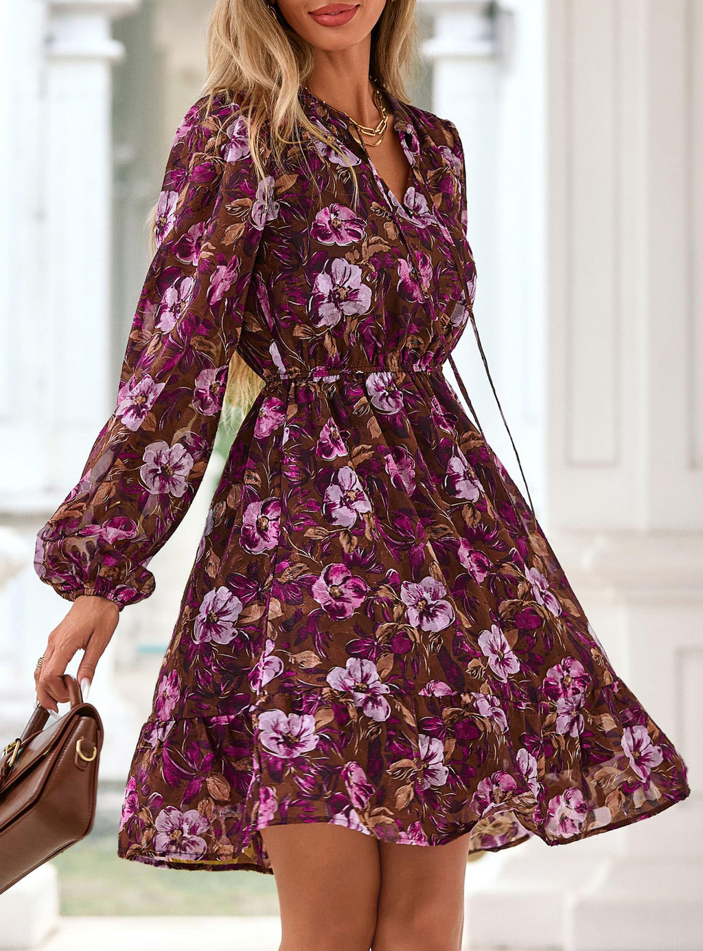 PRETTYGARDEN Women's Fall Boho Dresses  Floral Long Sleeve V Neck Mini Flowy Wedding Guest Dress Trendy Vacation Outfits