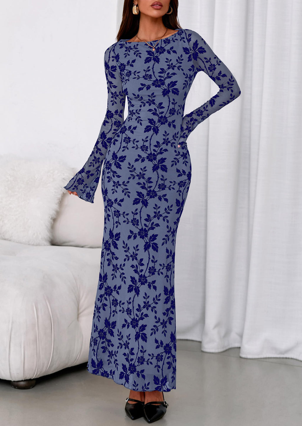 PRETTYGARDEN Women's Floral Bodycon Maxi Dress Fall Elegant Mesh Long Sleeve Formal Wedding Guest Cocktail Dresses