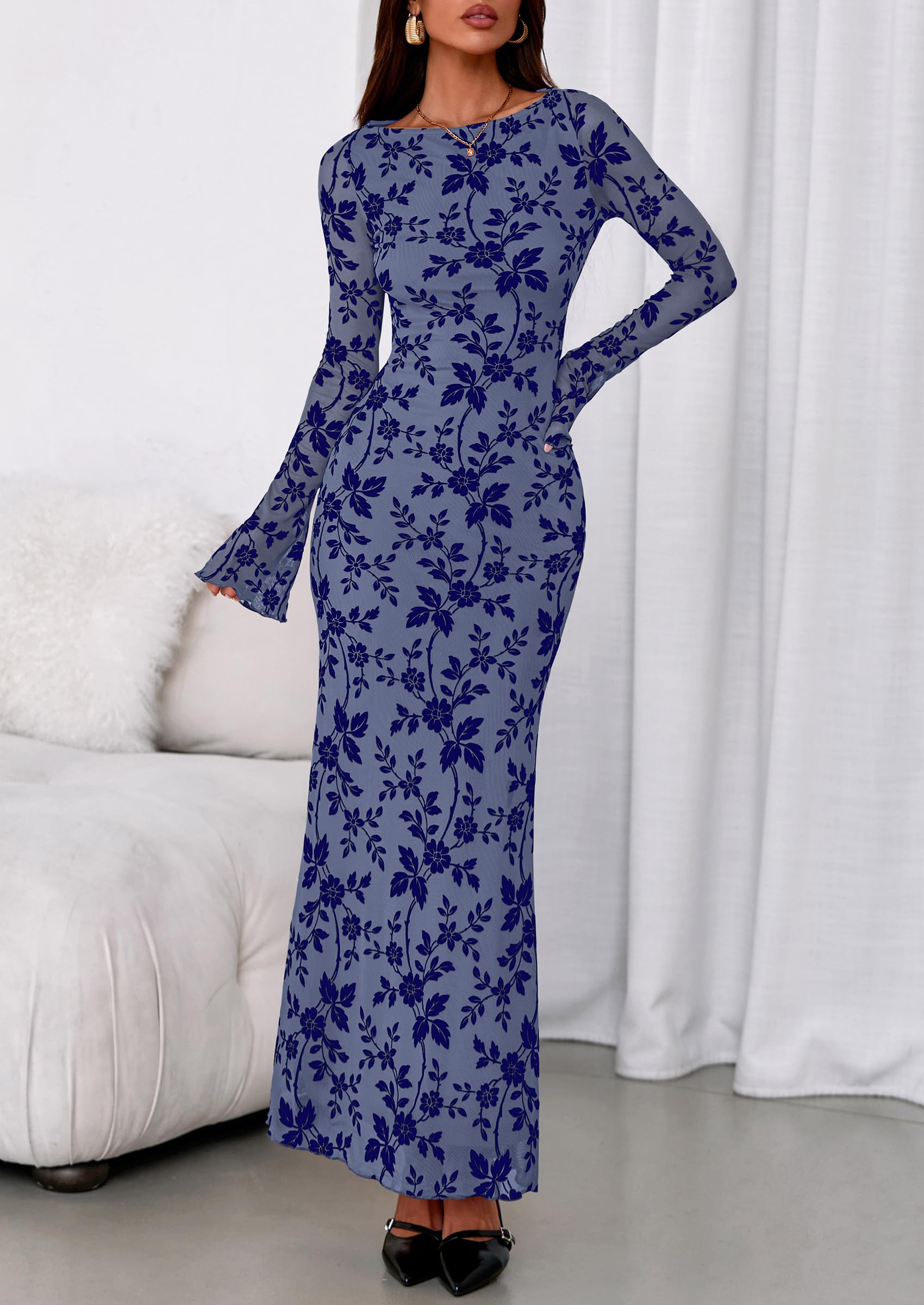 PRETTYGARDEN Women's Floral Bodycon Maxi Dress Fall Elegant Mesh Long Sleeve Formal Wedding Guest Cocktail Dresses