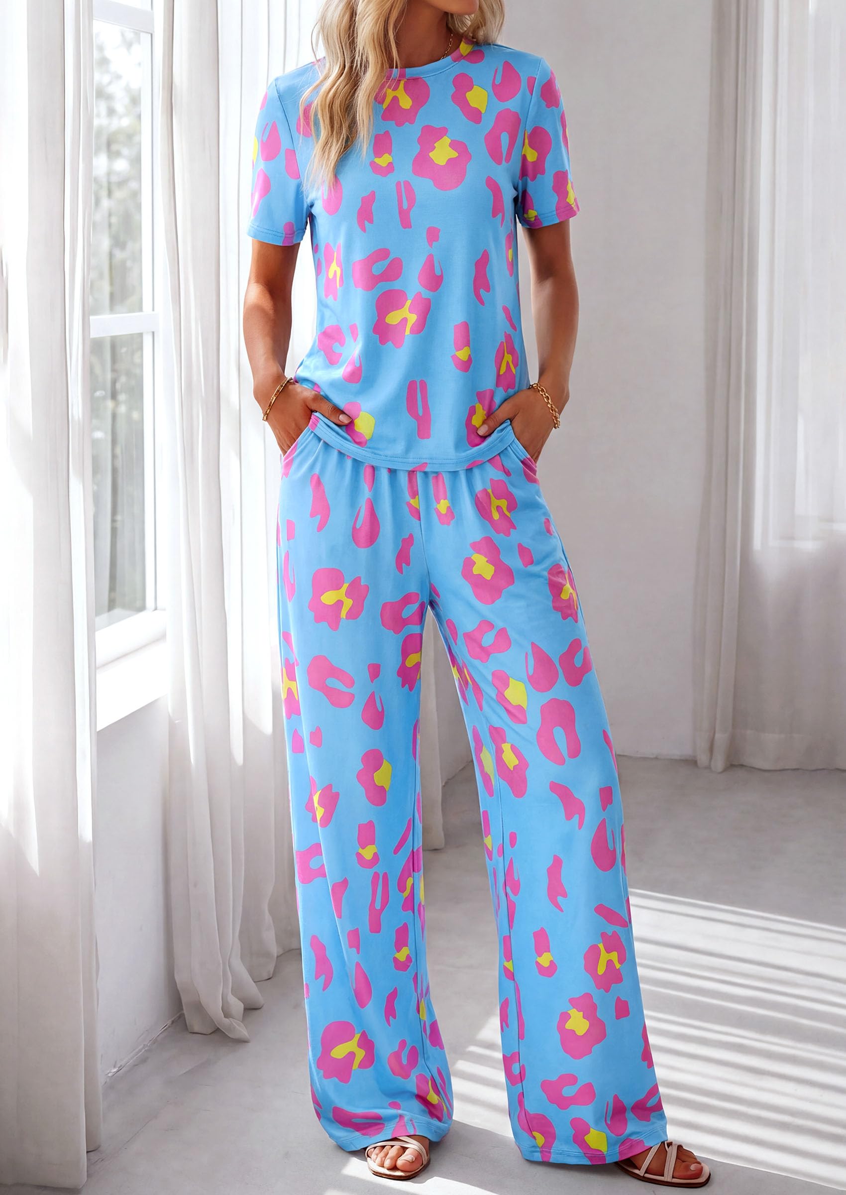 PRETTYGARDEN Womens Pajama Sets 2 Piece Lounge PJ Set Summer Soft Sleepwear Short Sleeve Top Loose Pants Spring Outfits