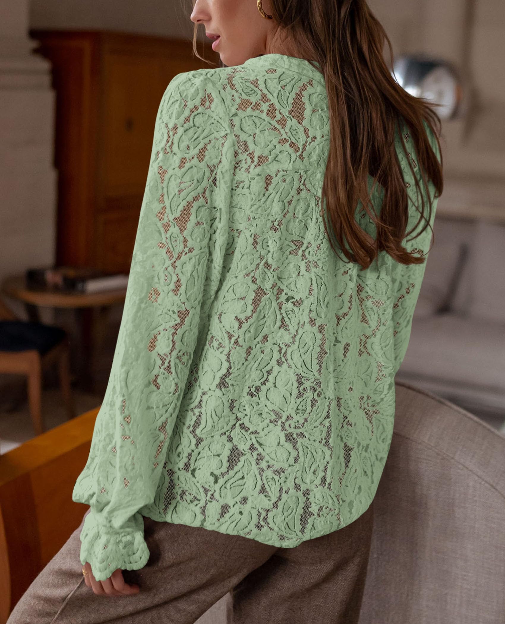 PRETTYGARDEN Women's Dressy Casual Lace Blouse Long Sleeve Button Up Shirts Tops Spring Fall Fashion Clothes