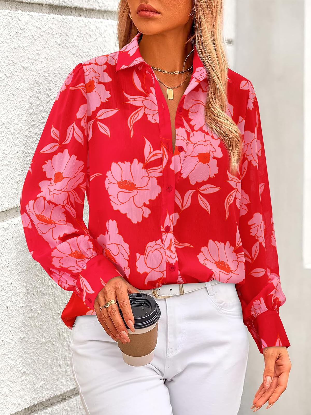PRETTYGARDEN Women's Floral Blouses Dressy Casual V Neck Button Down Shirts Lantern Long Sleeve Boho Chiffon Spring Tops