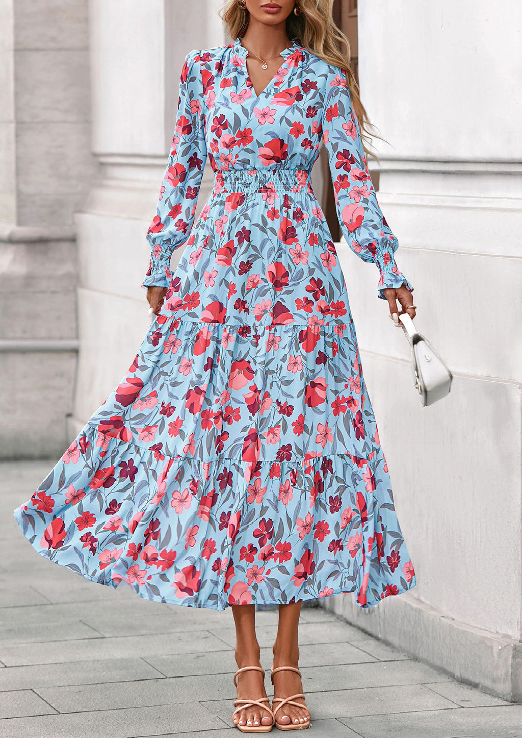 PRETTYGARDEN Women's Floral Maxi Dress Fall Long Sleeve V Neck Casual A Line Long Flowy Boho Party Dresses