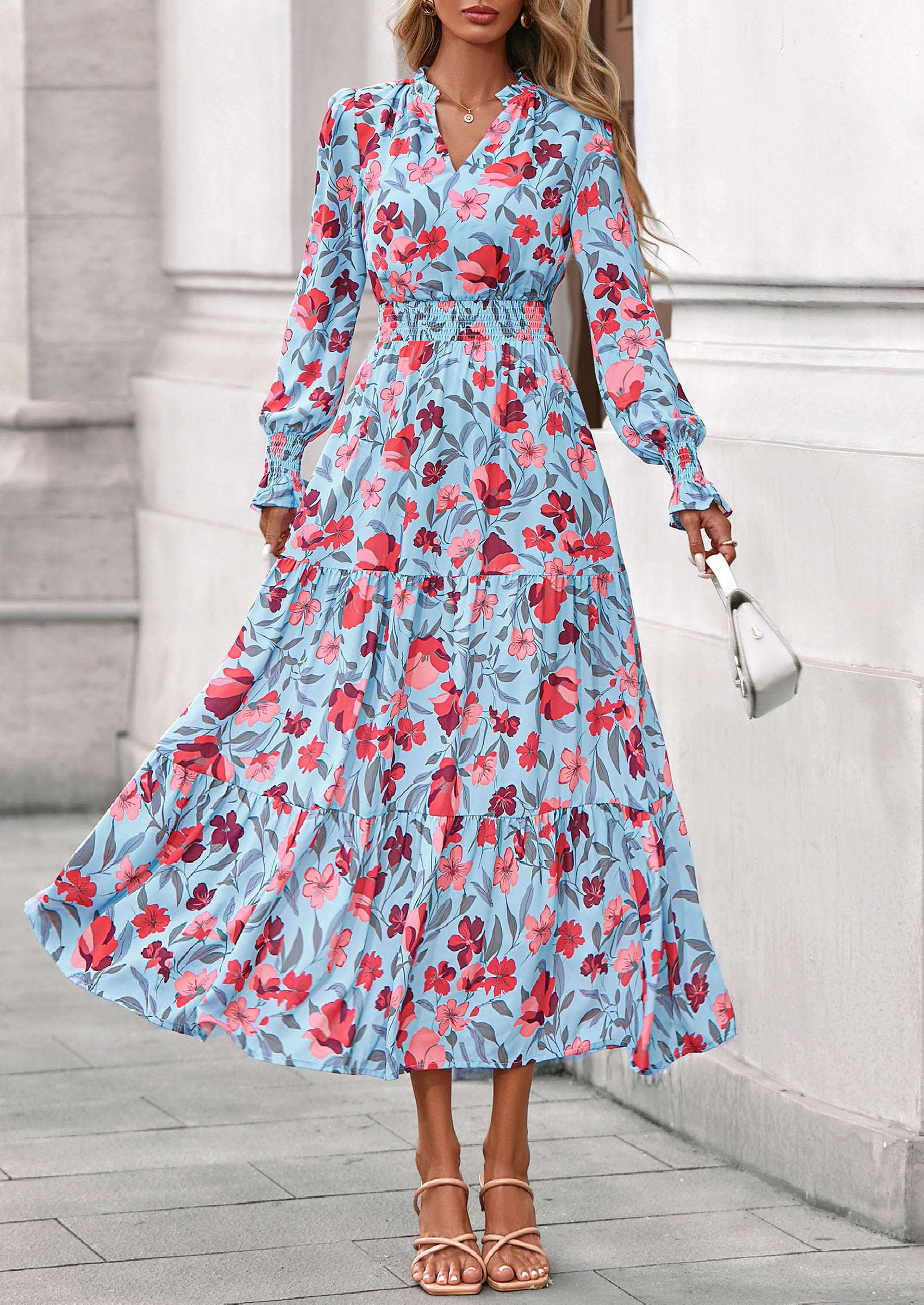 PRETTYGARDEN Women's Floral Maxi Dress Fall Long Sleeve V Neck Casual A Line Long Flowy Boho Party Dresses