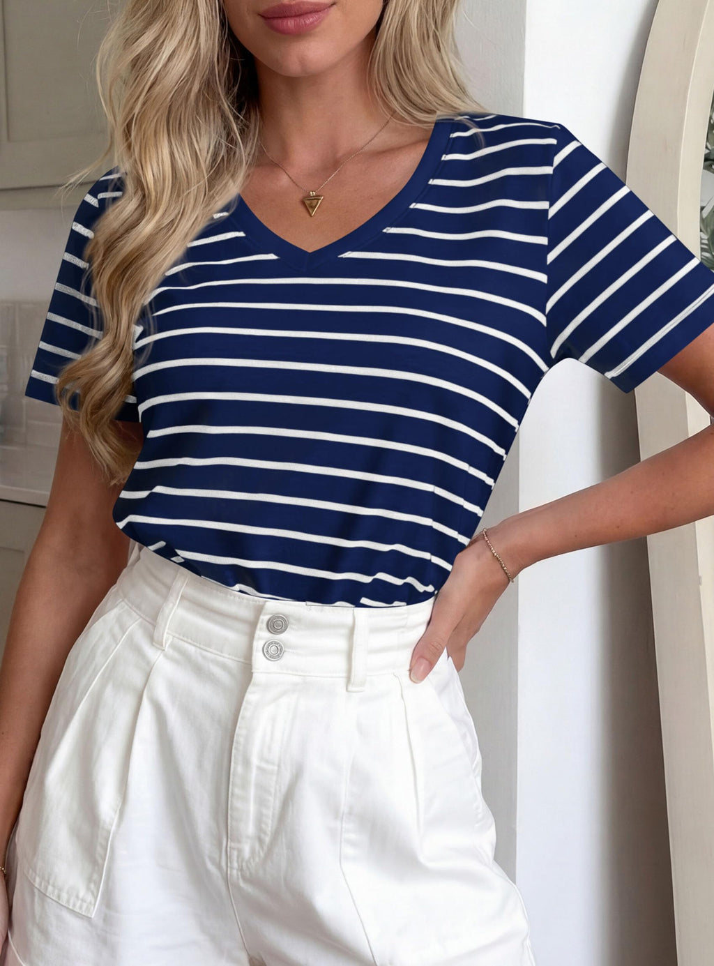 PRETTYGARDEN Short Sleeve Shirts for Women Spring V Neck Cute Tops Casual Striped Shirt Knitted Tees Summer Outfits