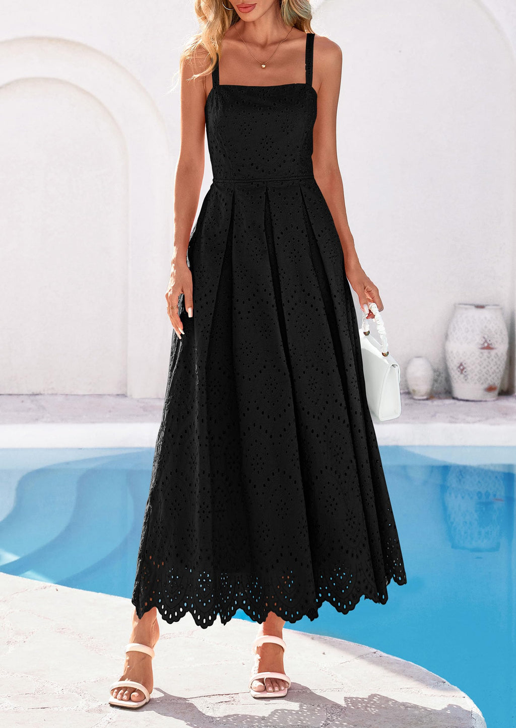 PRETTYGARDEN Womens Sleeveless Maxi Summer Dresses Hollow Out Eyelet Square Neck Ruffle Flowy Beach Vacation Sundress