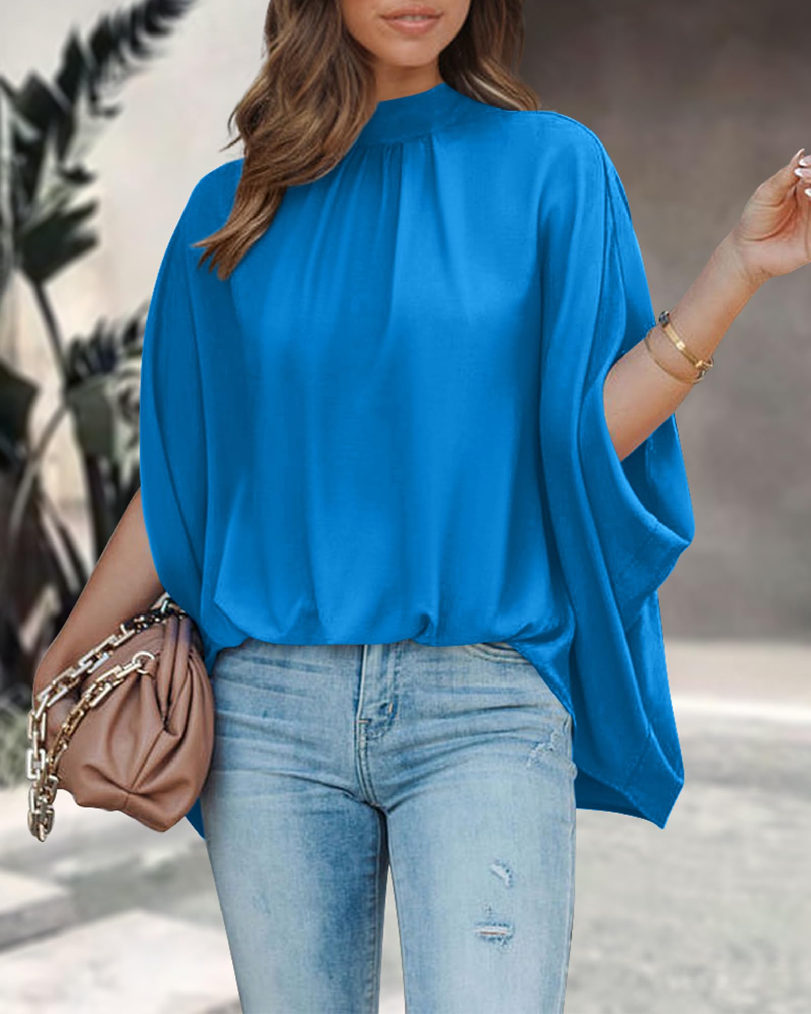 FreshPretty Womens Summer Tops Fall Mock Neck Batwing Sleeve Shirts Loose High Low Hem Oversized Dressy Casual Blouses