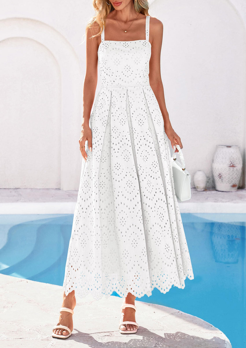 PRETTYGARDEN Womens Sleeveless Maxi Summer Dresses Hollow Out Eyelet Square Neck Ruffle Flowy Beach Vacation Sundress