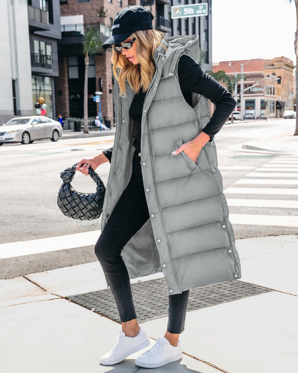 BTFBM Long Puffer Vest Women Quilted Hooded Button Down Zip Up Sleeveless Vests Outerwear Padded Jacket Fall Winter Coat