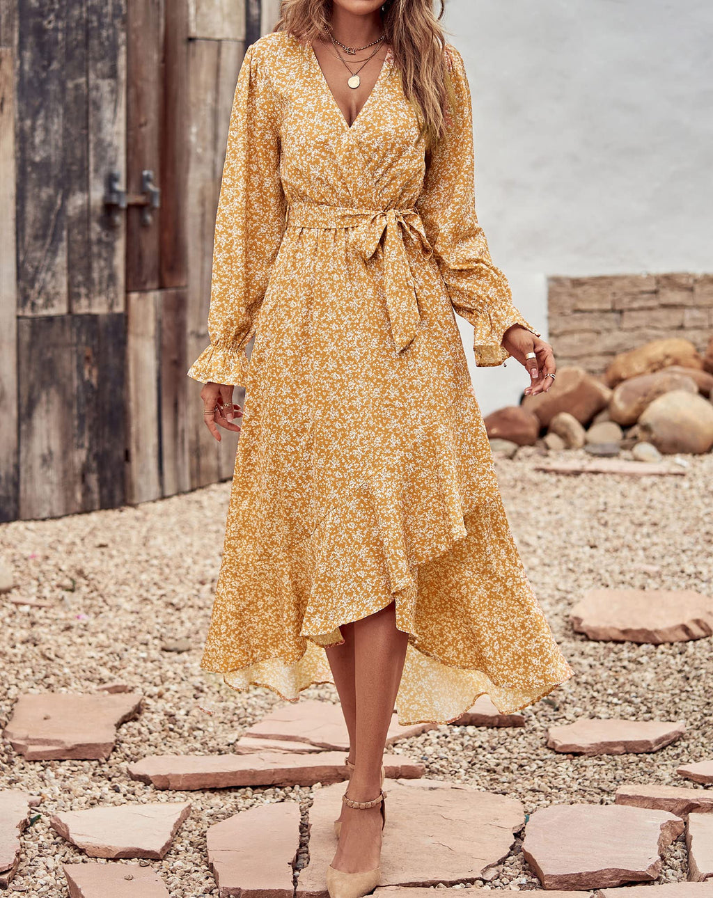 BTFBM Womens Dresses Summer V Neck Floral High Waist Ruffle Wedding Guest Cocktail Boho Spring Long Sleeve Dress