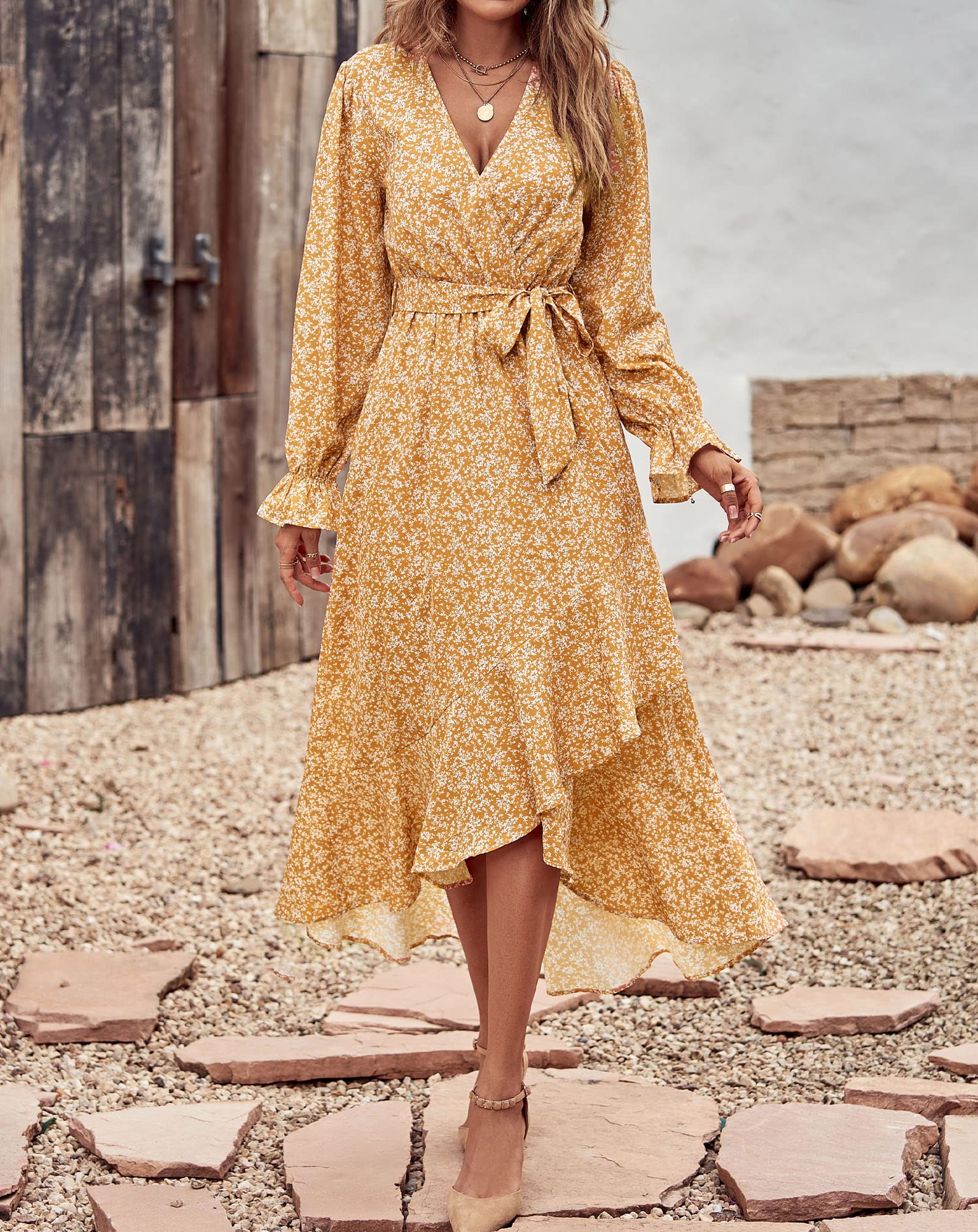 BTFBM Womens Dresses Summer V Neck Floral High Waist Ruffle Wedding Guest Cocktail Boho Spring Long Sleeve Dress