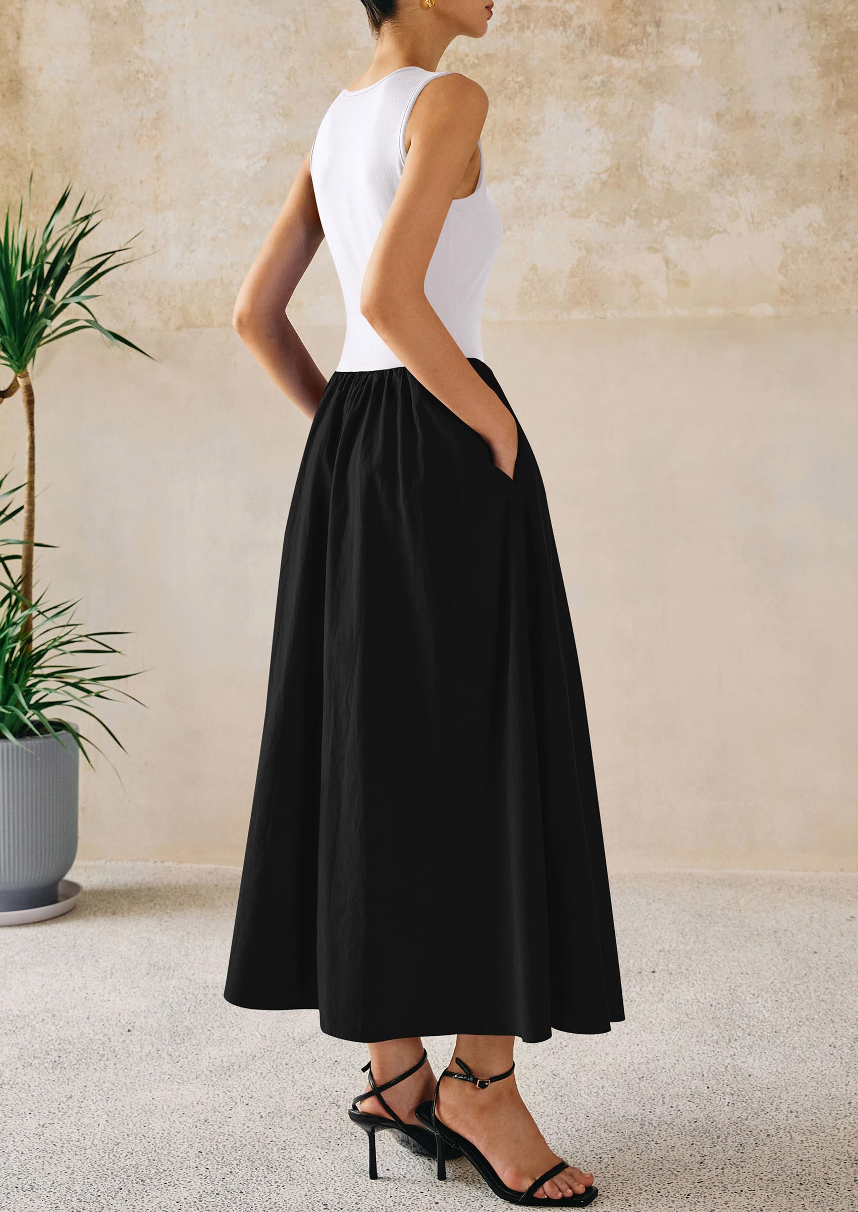 PRETTYGARDEN Maxi Dresses for Women Summer Casual Sleeveless Patchwork Flowy Vacation Sundress Knit Long Work Tank Dress
