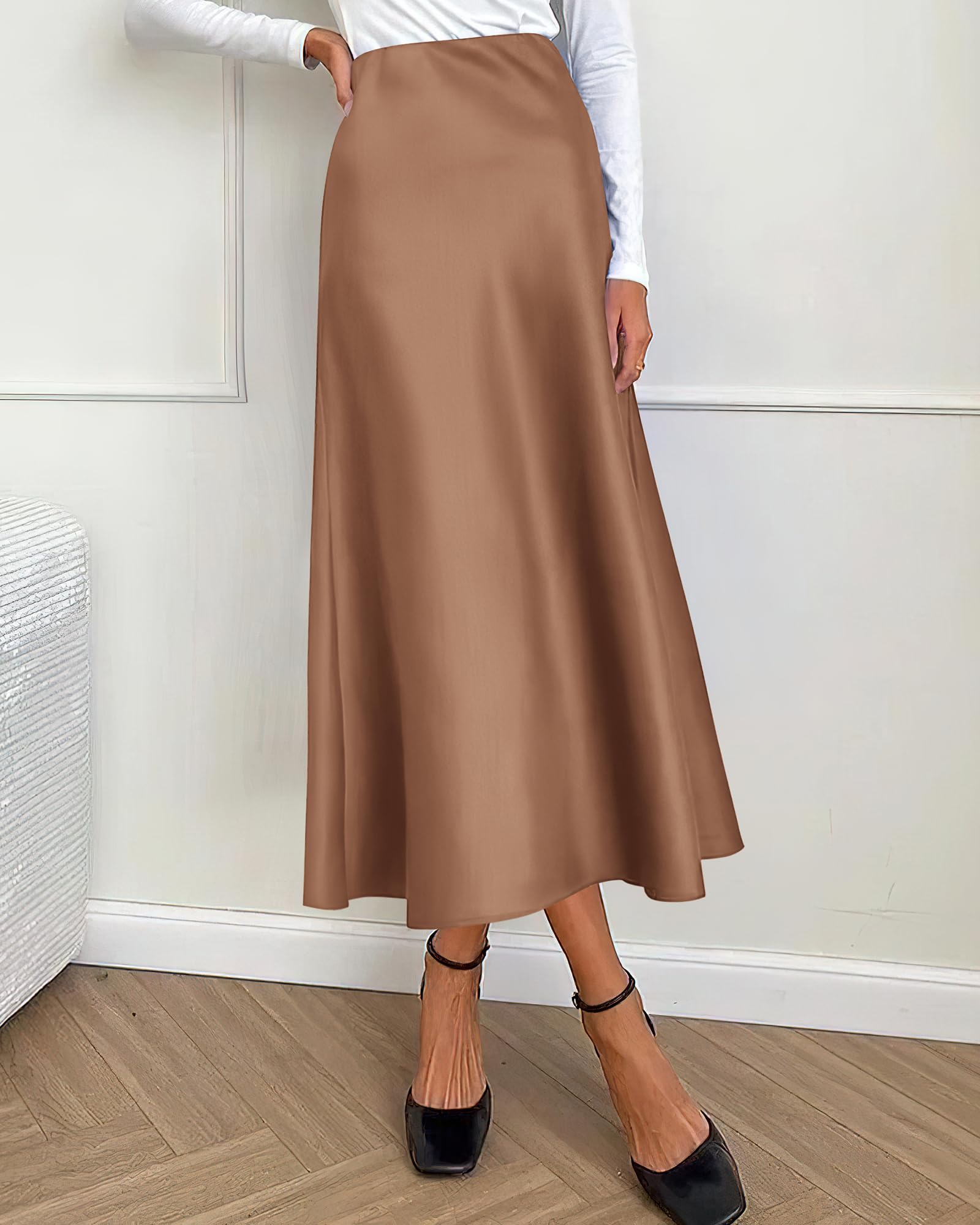 BTFBM Summer Womens Skirts Silk Elegant High Waist Flowy Long Satin A-Line Midi Skirt Cocktail Wedding Party