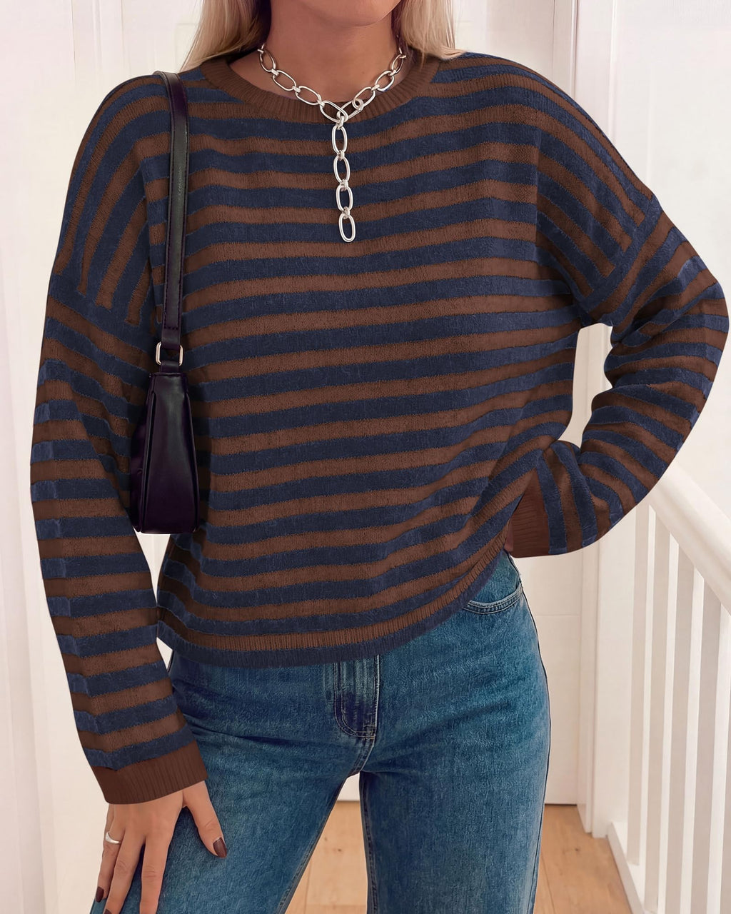 BTFBM Women's Lightweight Oversized Striped Sweater | Soft Knit Cozy Sweaters, Crew Neck Long Sleeve Pullover, y2k Color Block, Casual Holiday Outfits, Winter Fall Clothes