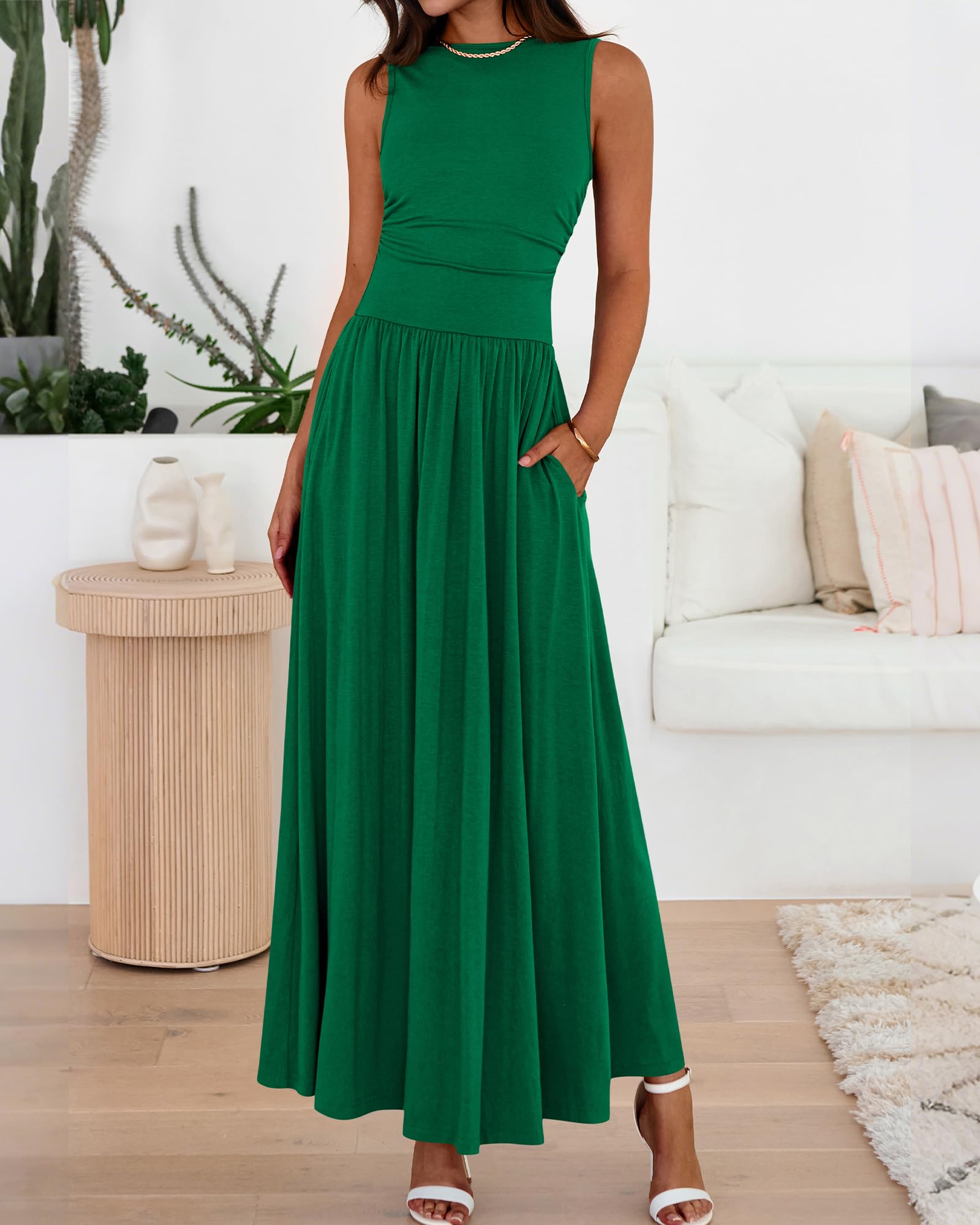 BTFBM Summer Maxi Dresses for Women Spring Sleeveless Casual Ruched High Waisted Long Sundress Flowy Beach Dress