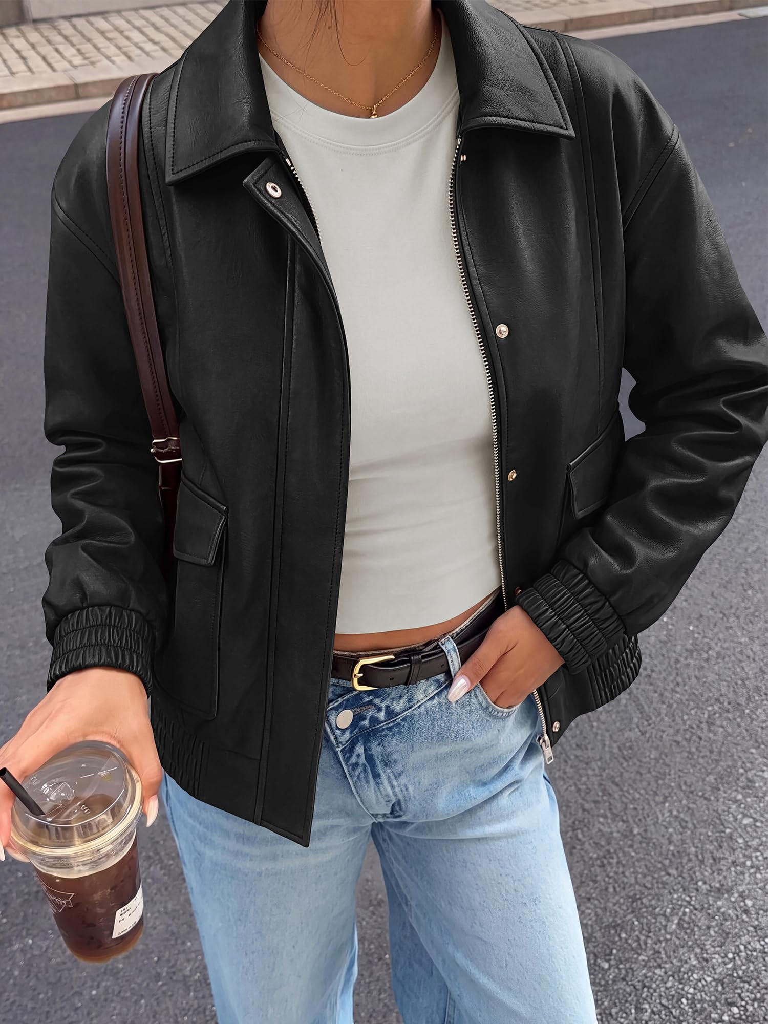 BTFBM Faux Leather Jacket Women Fall Clothes Long Sleeve, Bomber Jackets, Snaps, Pockets, Oversized, Zip Up Motorcycle Outerwear, Airport, Going Out Outfits, Winter Coat