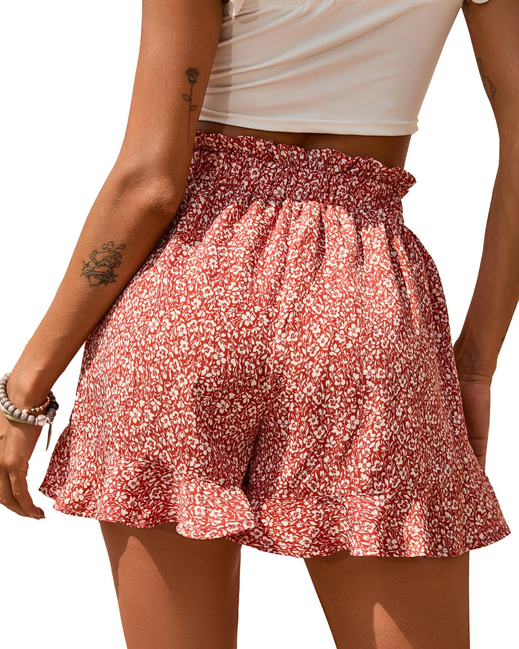 BTFBM Shorts for Women Spring Summer Beach Vacation Clothes Boho Floral Belted Casual Ruffle Short Pants Pocket Outfits