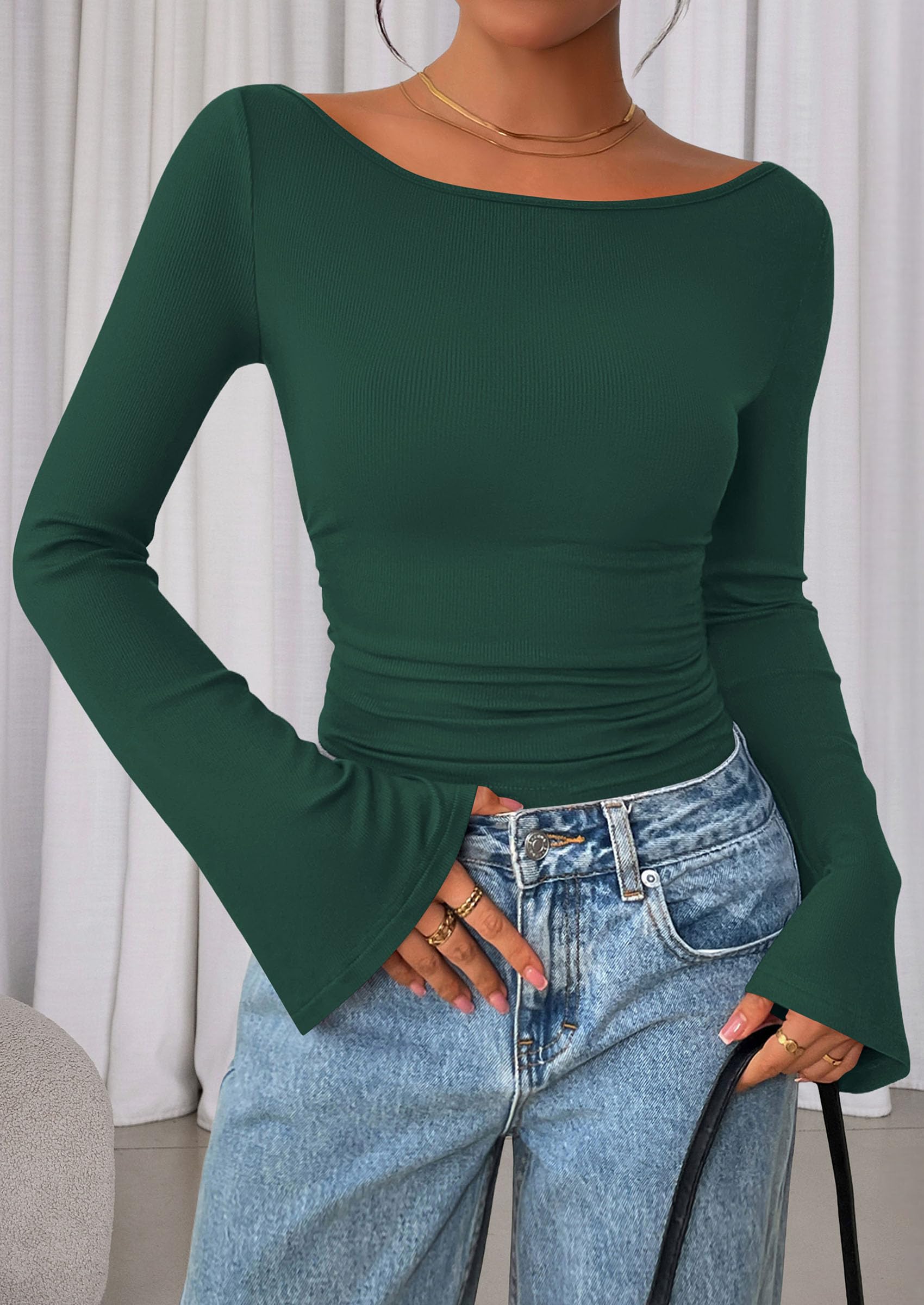 PRETTYGARDEN Women's Long Sleeve Shirts Fall Crop Going Out Tops Casual Boat Neck Bell Sleeve Ribbed Ruched Y2K Clothes