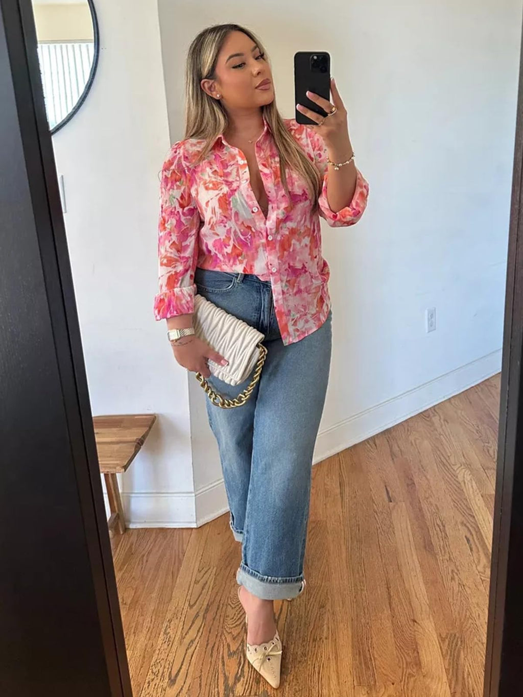 PRETTYGARDEN Women's Floral Blouses Dressy Casual V Neck Button Down Shirts Lantern Long Sleeve Boho Chiffon Spring Tops