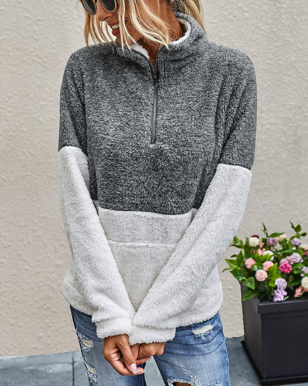 BTFBM Womens Sweatshirt Sherpa Quarter Zip Pullover Fall Winter Long Sleeve Fleece Sweaters Hoodies Sweatshirts Clothes