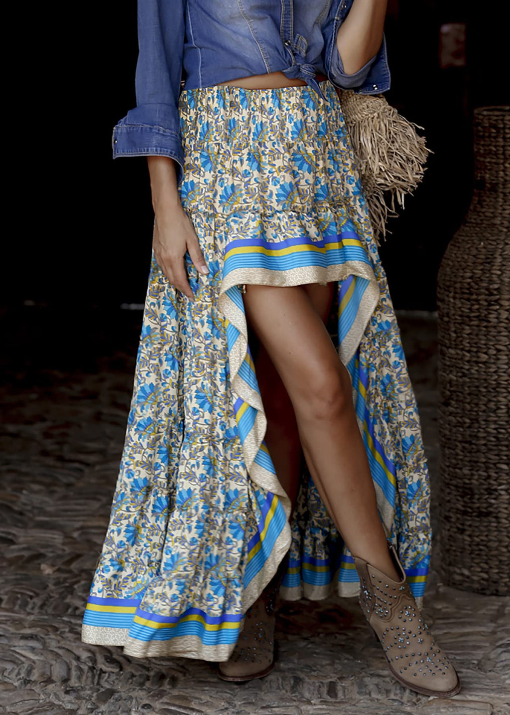 FreshPretty Women Summer Fall Boho Long Skirts Dress Floral Print Elastic Waist Split Ruffle High Low Beach Maxi Skirt