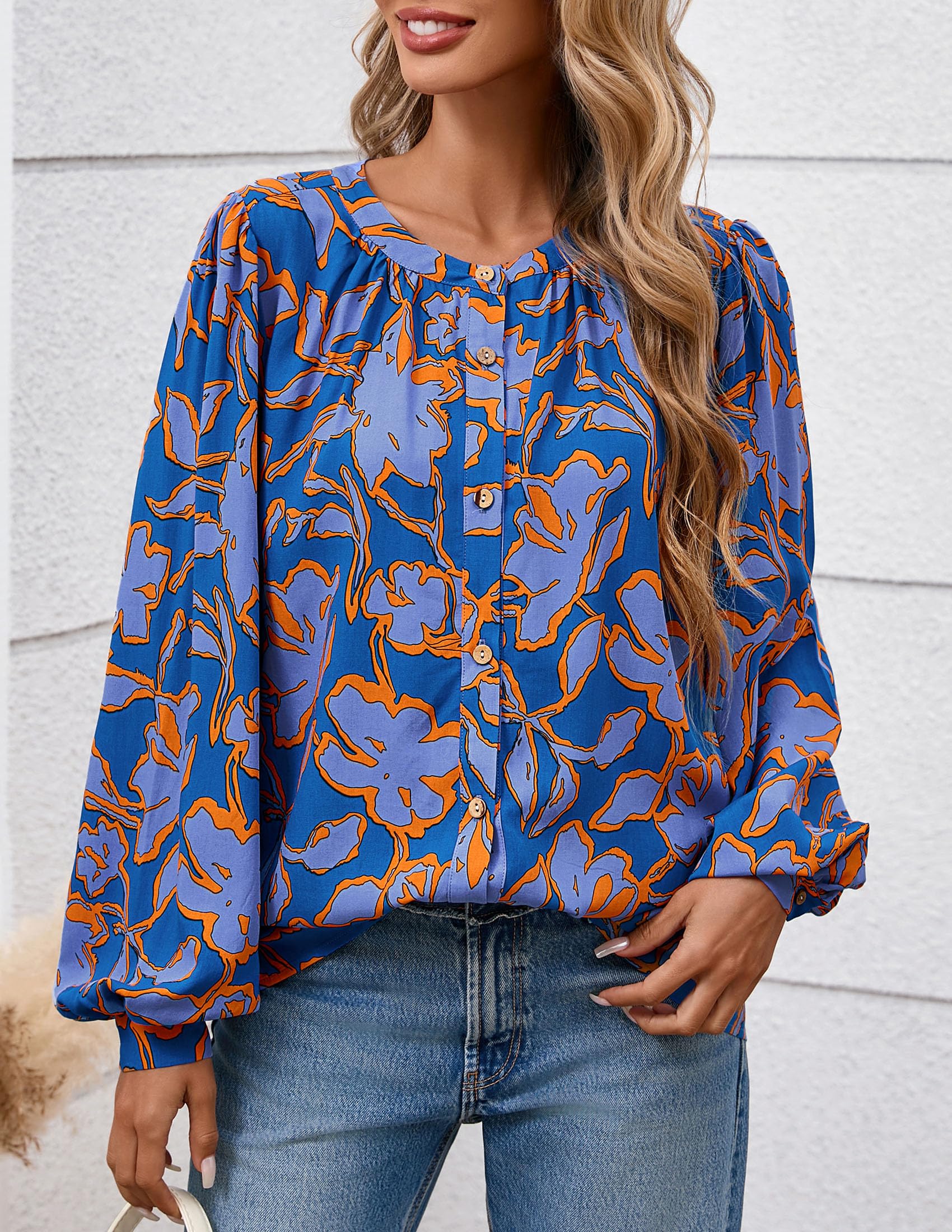 PRETTYGARDEN Women's Floral Button Down Blouse Fall Fashion Dressy Casual Long Sleeve Oversized Shirts Top Boho Clothes