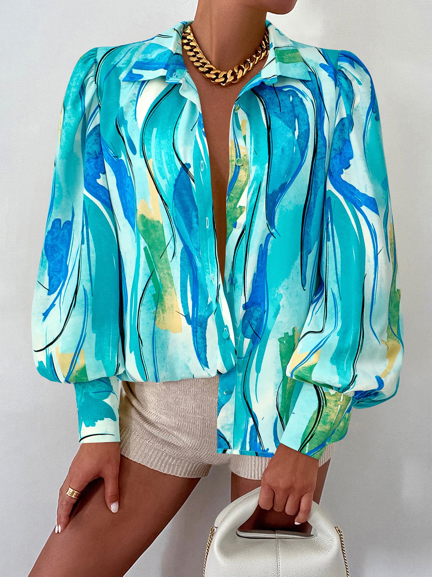 BTFBM Women Fashion Button Down Shirts V Neck Boho Printed Long Sleeve Blouses Dressy Casual Spring Fall Tops