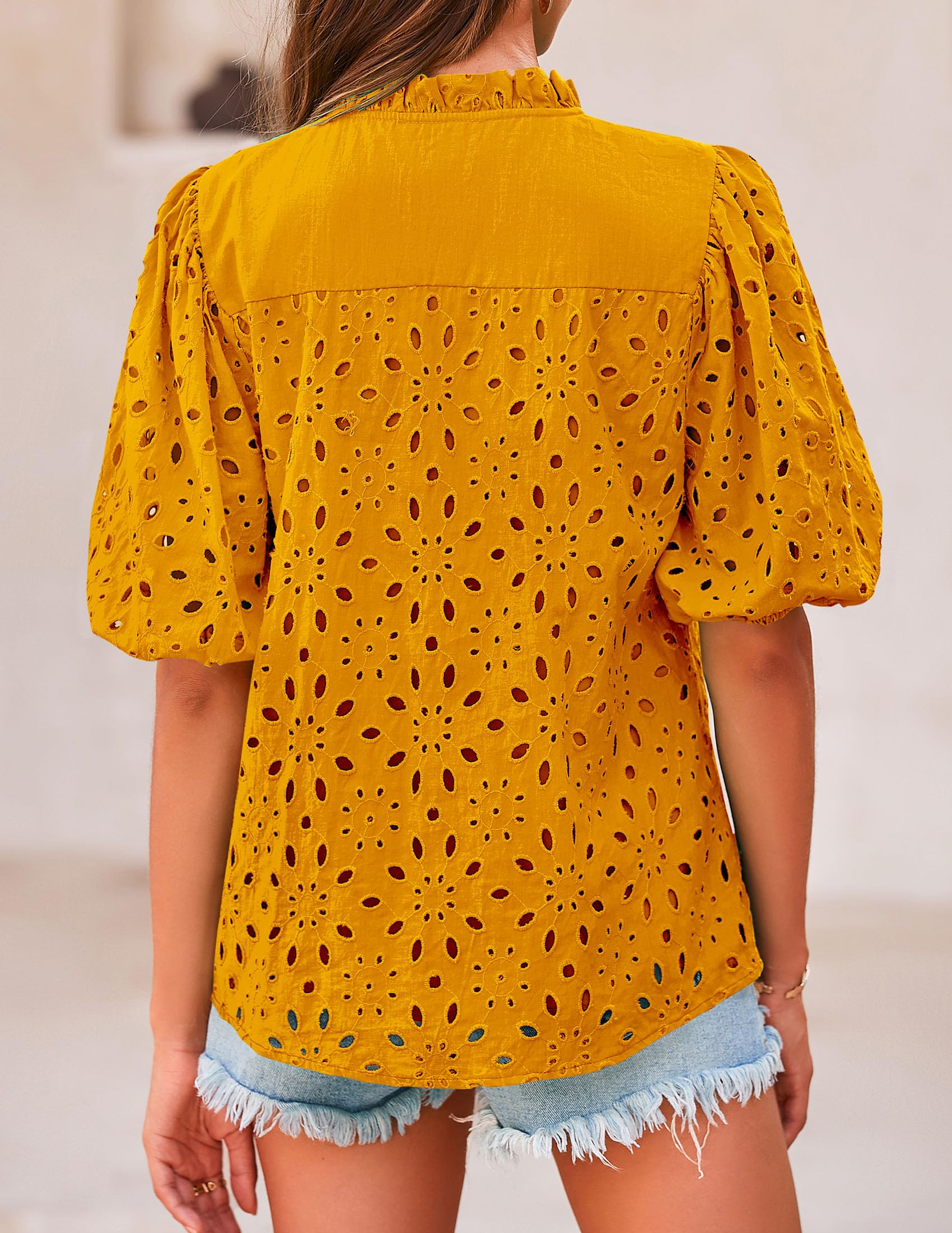 PRETTYGARDEN Women's Summer Tops Dressy Casual Short Sleeve V Neck Buttons Hollow Out Lace Embroidered Blouses Shirts