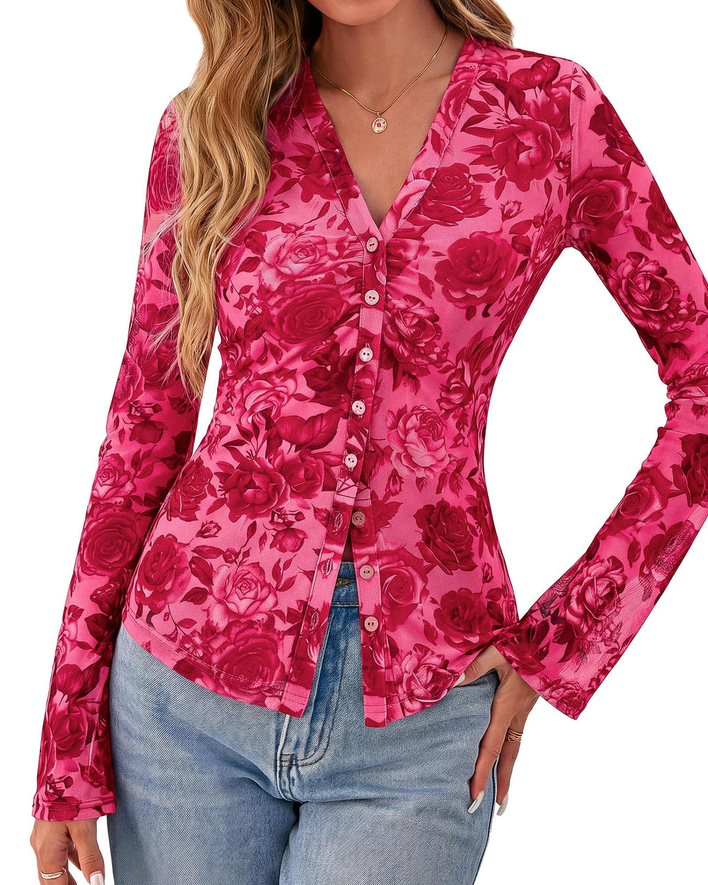 BTFBM Button Down Shirts for Women Spring Boho Tops V Neck Long Sleeve Blouses Ruched Mesh Fitted Fall Fashion