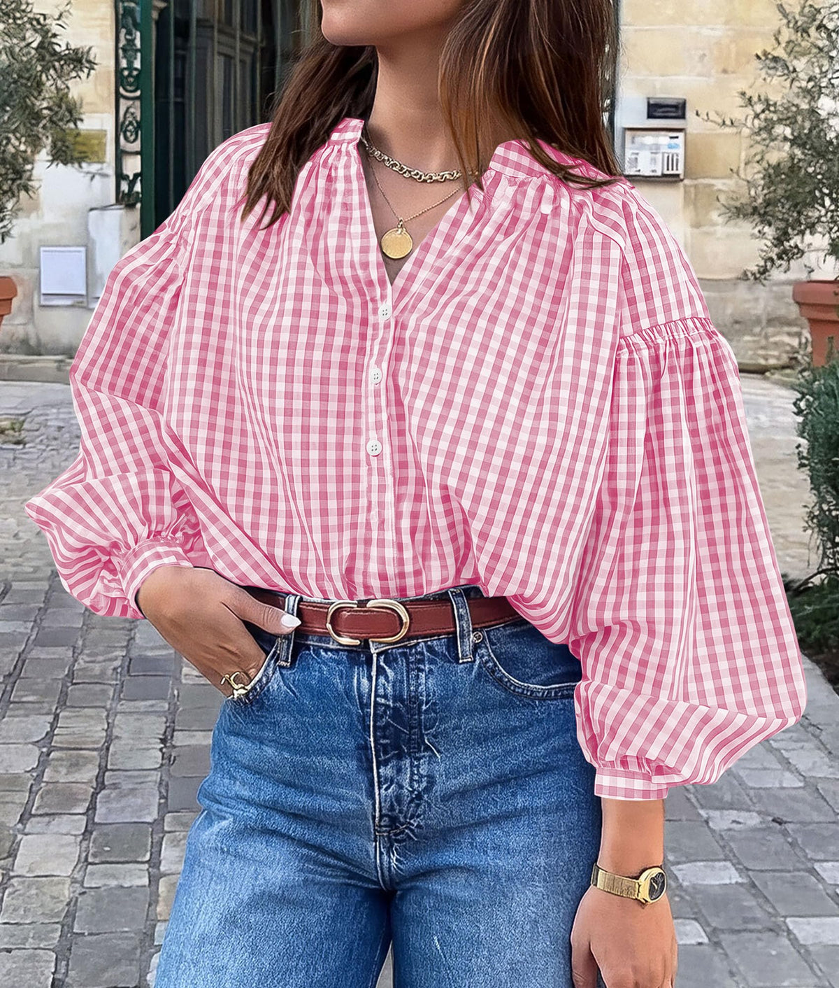 PRETTYGARDEN Women Fall Plaid Long Puff Sleeve Shirts V Neck Casual Blouses Gingham Button Down Oversized, Pleated Drop Shoulder Cotton Tops, Dressy Casual, Work Vacation Travel, Fall Outfits Trendy