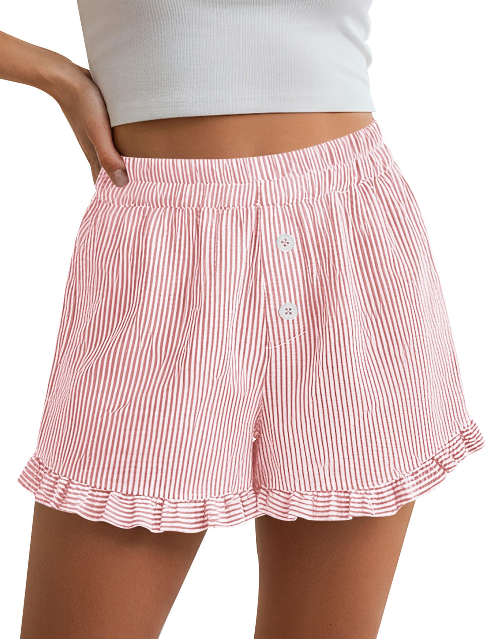 PRETTYGARDEN Womens Boxer Shorts Y2K Ruffle Pajama Summer Spring Lounge Sleep Striped Casual Beach Pj Bottoms Pockets