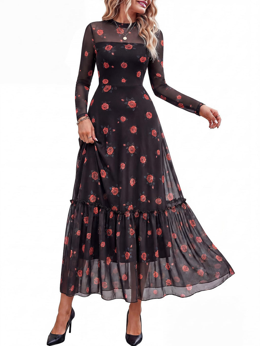 BTFBM Boho Mesh Long Sleeve Dress for Women | Mock Neck, Floral, A Line, Tiered, Graduation, Wedding, Cocktail Maxi Dresses, Fall Fashion, Resort Wear