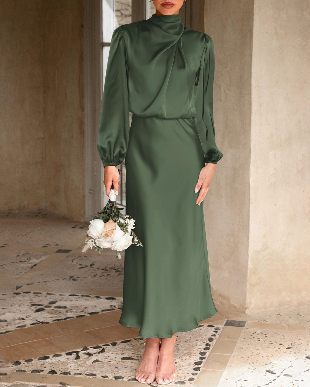 BTFBM Womens Mock Neck Satin Dress Spring Summer Long Sleeve Lightweight Formal Wedding Party Maxi Cocktail Dresses
