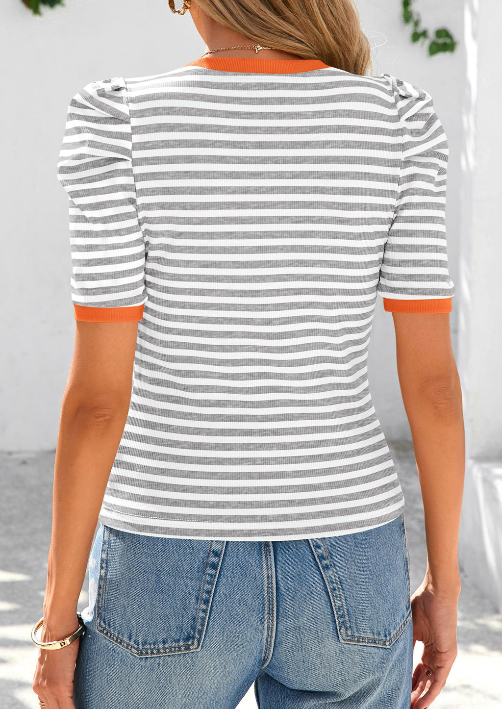PRETTYGARDEN Women's Summer Puff Sleeve Tops Casual Ribbed Knit Crop Top Color Block Trendy Crewneck Striped Shirts