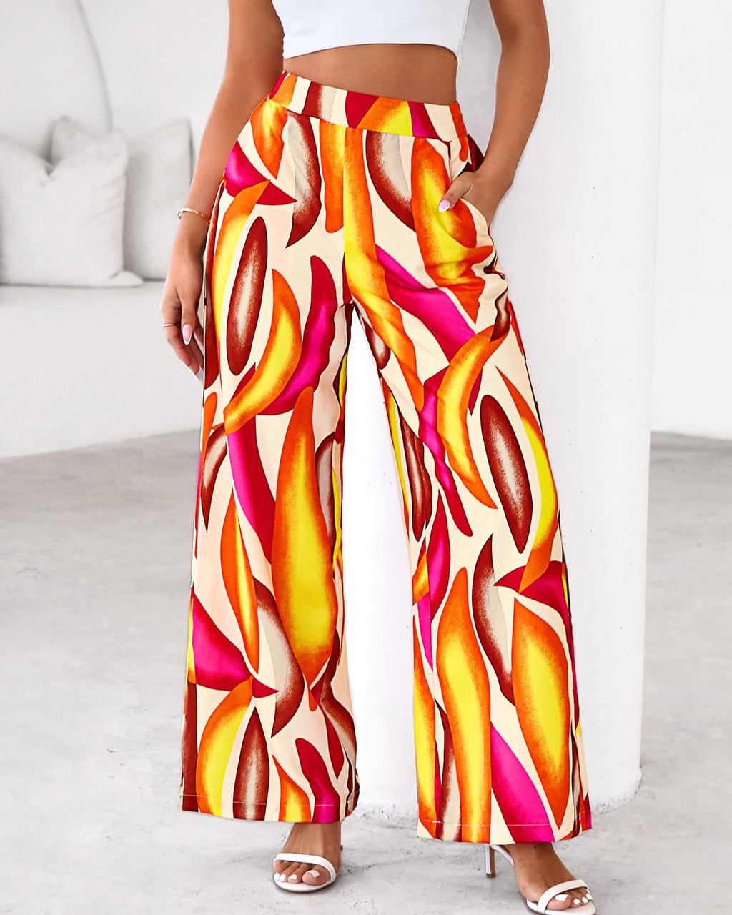 FreshPretty Womens Wide Leg Summer Pants Boho Beach Vacation Loose Elastic Waist Printed Palazzo Pant Pockets