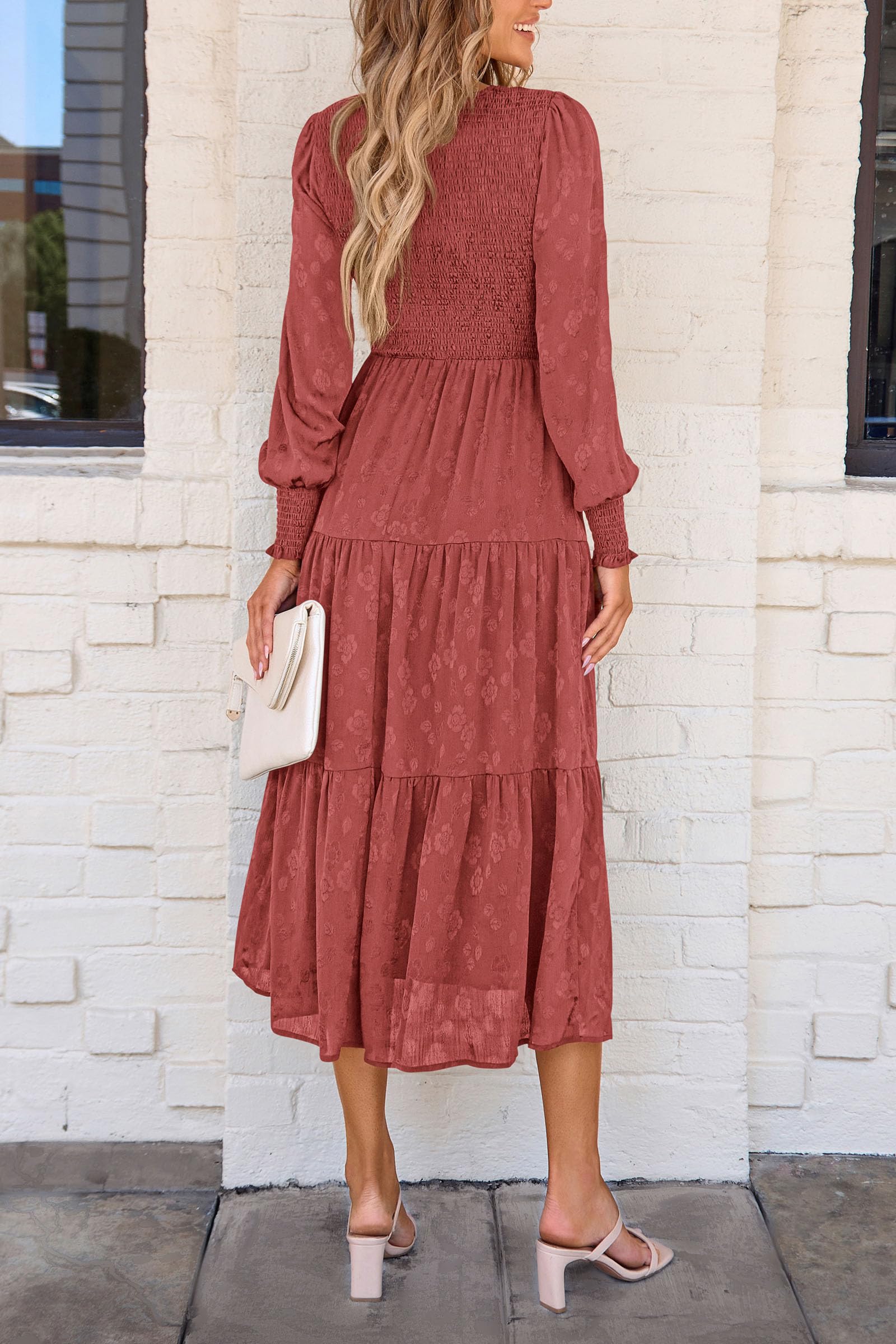 PRETTYGARDEN Women's Fall Spring Midi Dress Long Sleeve Floral Smocked Elegant Wedding Guest Long Flowy Dresses with Pockets