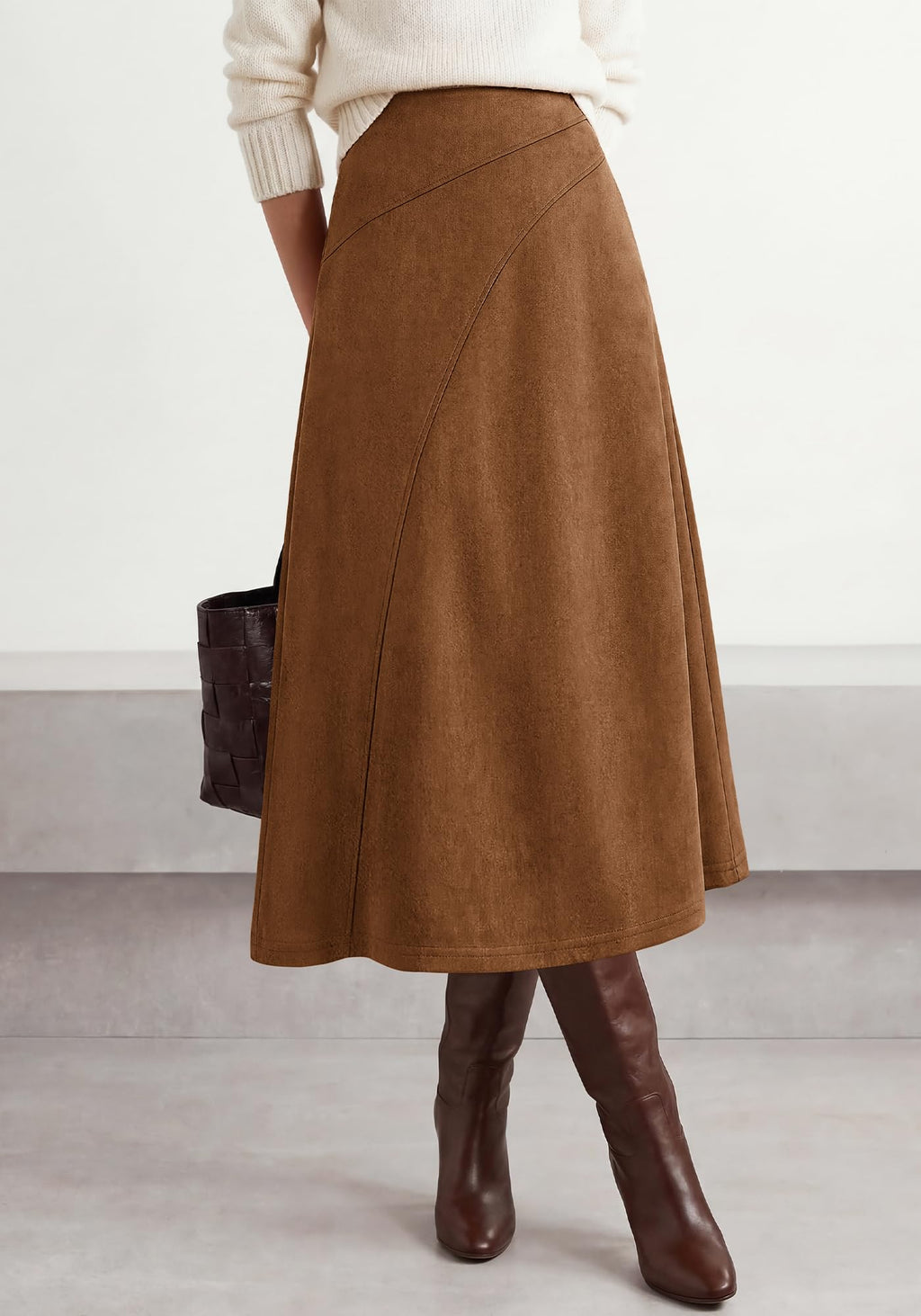 BTFBM Women Faux Suede Midi Long Skirt Fall Fashion | High Waisted Skirts For Women Trendy, Lightweight, Back Elastic, Arc Line Design, A-Line, Winter Dress, Boho Western Outfits